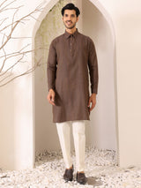 Dark Brown Self Design Handwoven Cotton Pathani Kurta