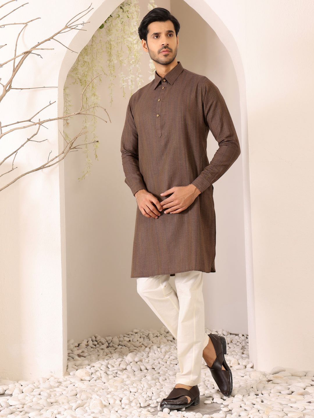 Dark Brown Self Design Handwoven Cotton Pathani Kurta