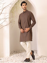 Dark Brown Self Design Handwoven Cotton Pathani Kurta