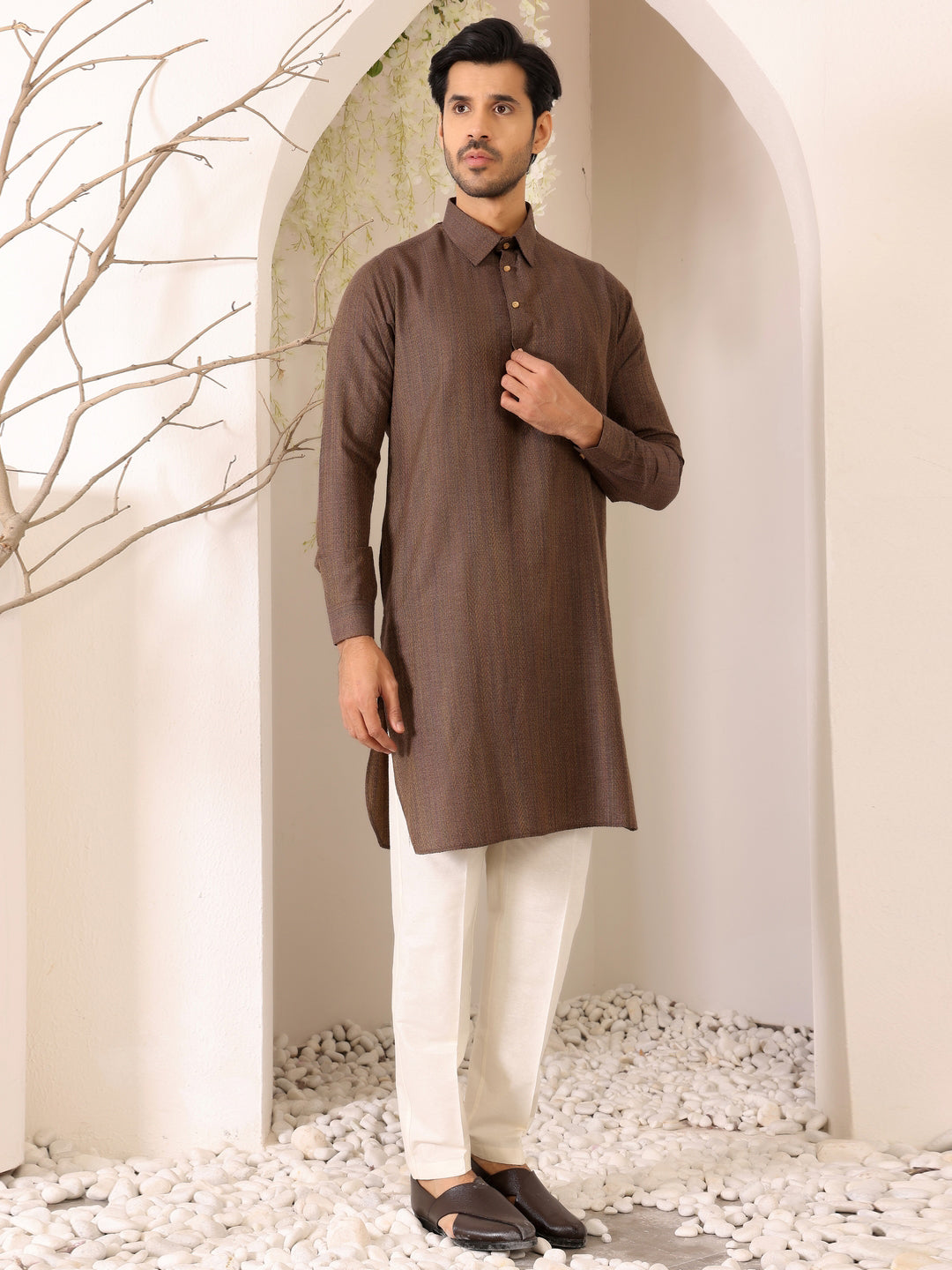 Dark Brown Self Design Handwoven Cotton Pathani Kurta