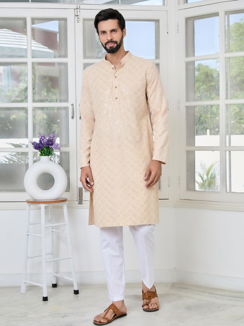 Beige Geometric Sequins Embroidered Thread Work Straight Kurta