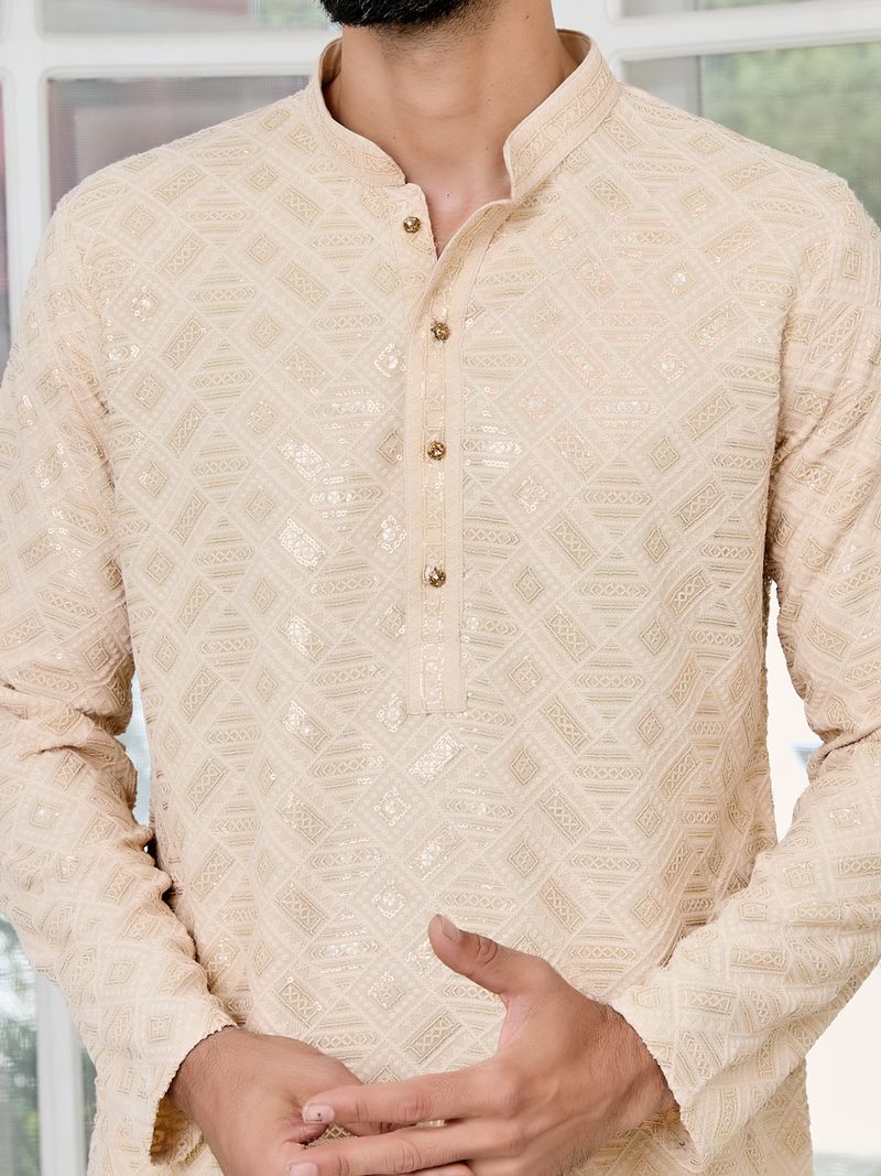Beige Geometric Sequins Embroidered Thread Work Straight Kurta