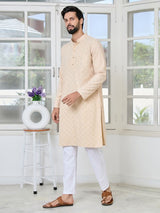 Beige Geometric Sequins Embroidered Thread Work Straight Kurta