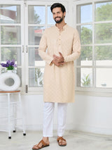 Beige Geometric Sequins Embroidered Thread Work Straight Kurta