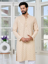 Beige Geometric Sequins Embroidered Thread Work Straight Kurta