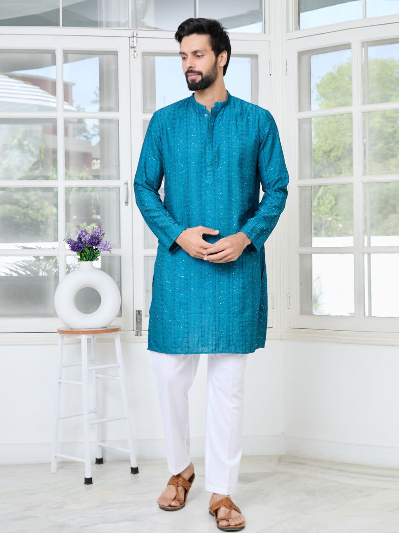 Blue Embroidered Thread Work Sequin Chanderi Silk Straight Kurta