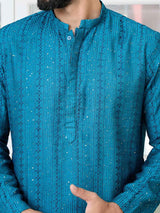 Blue Embroidered Thread Work Sequin Chanderi Silk Straight Kurta