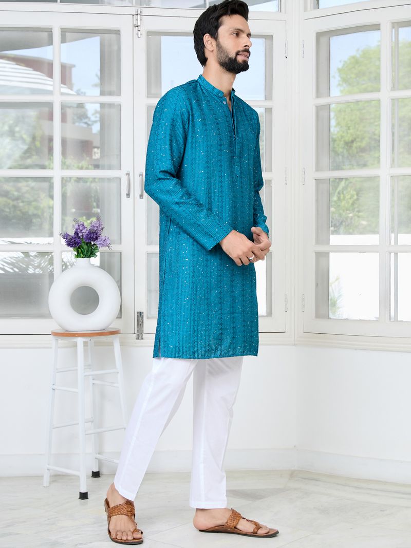Blue Embroidered Thread Work Sequin Chanderi Silk Straight Kurta