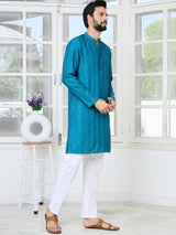 Blue Embroidered Thread Work Sequin Chanderi Silk Straight Kurta