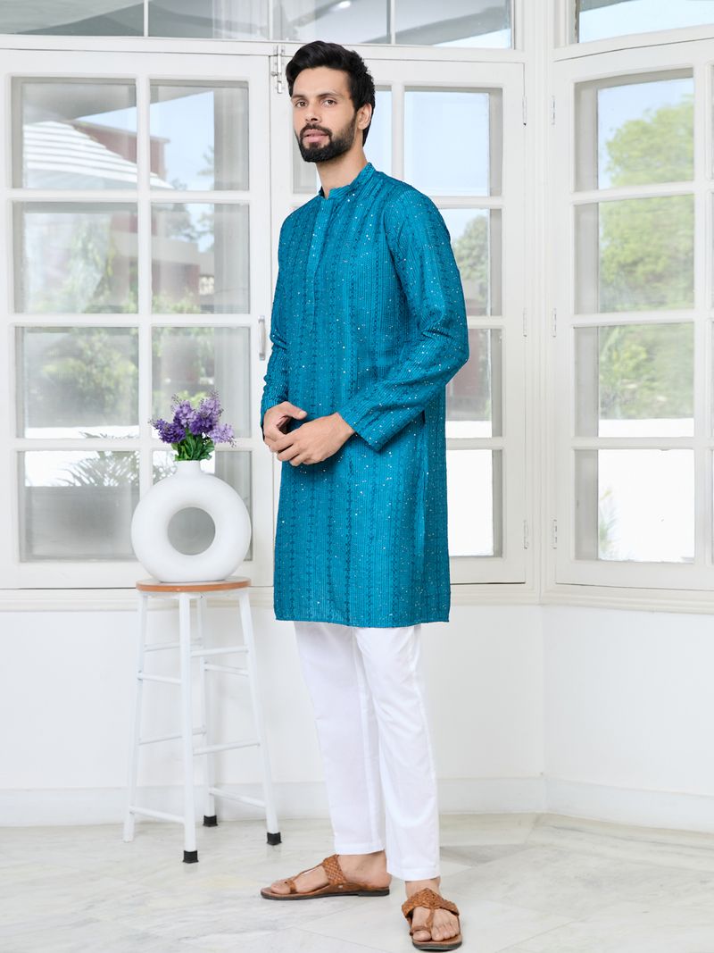 Blue Embroidered Thread Work Sequin Chanderi Silk Straight Kurta