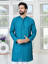 Blue Embroidered Thread Work Sequin Chanderi Silk Straight Kurta