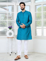 Blue Embroidered Thread Work Sequin Chanderi Silk Straight Kurta