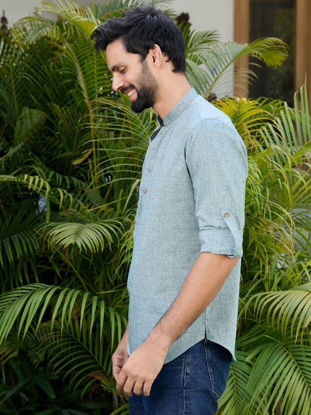 Men Pack Of 2 Turquoise Blue & Grey Cotton Solid Short Kurta