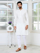 Cream Geometric Embroidered Thread Work Mandarin Collar Straight Kurta