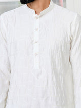 Cream Geometric Embroidered Thread Work Mandarin Collar Straight Kurta