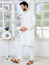 Cream Geometric Embroidered Thread Work Mandarin Collar Straight Kurta