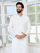 Cream Geometric Embroidered Thread Work Mandarin Collar Straight Kurta