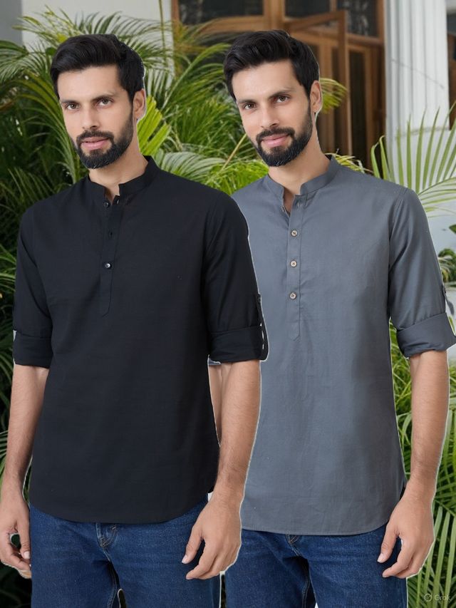 Men Pack Of 2 Black & Grey Cotton Solid Short Kurta