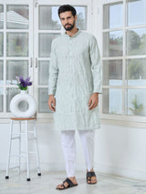 Grey Geometric Embroidered Thread Work Mandarin Collar Straight Kurta
