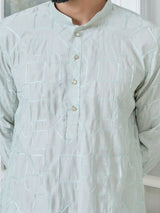 Grey Geometric Embroidered Thread Work Mandarin Collar Straight Kurta