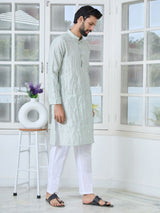 Grey Geometric Embroidered Thread Work Mandarin Collar Straight Kurta