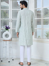 Grey Geometric Embroidered Thread Work Mandarin Collar Straight Kurta