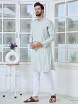 Grey Geometric Embroidered Thread Work Mandarin Collar Straight Kurta