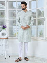Grey Geometric Embroidered Thread Work Mandarin Collar Straight Kurta