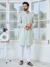 Grey Geometric Embroidered Thread Work Mandarin Collar Straight Kurta