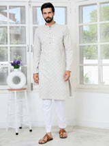 Grey Geometric Sequins Embroidered Thread Work Straight Kurta