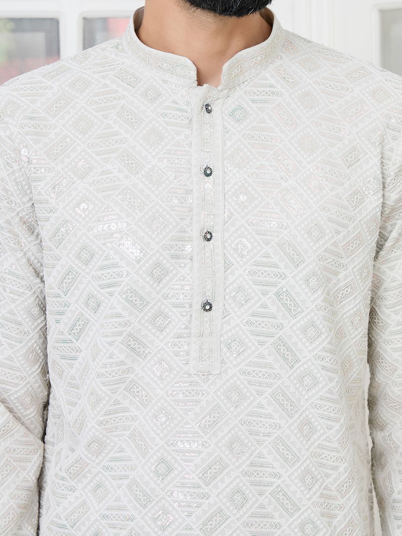 Grey Geometric Sequins Embroidered Thread Work Straight Kurta