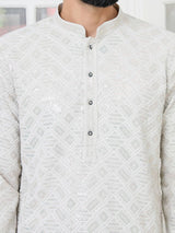 Grey Geometric Sequins Embroidered Thread Work Straight Kurta