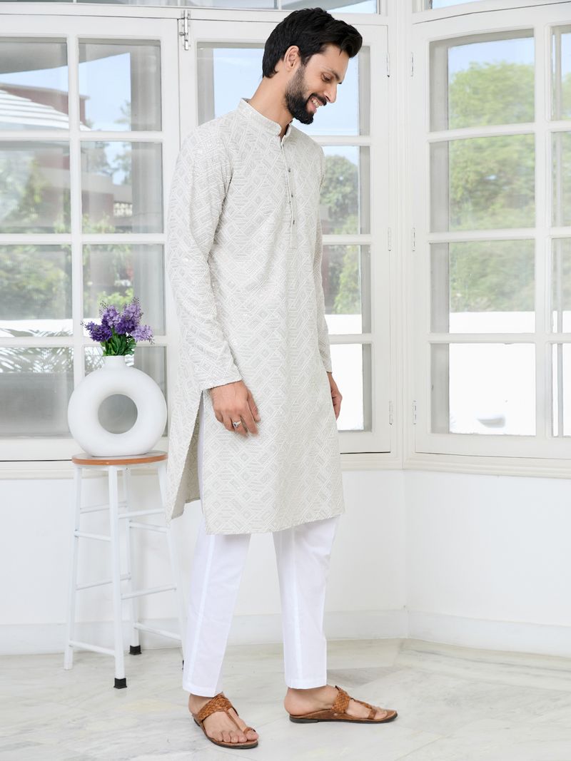 Grey Geometric Sequins Embroidered Thread Work Straight Kurta