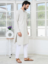Grey Geometric Sequins Embroidered Thread Work Straight Kurta