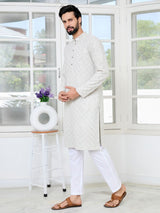 Grey Geometric Sequins Embroidered Thread Work Straight Kurta