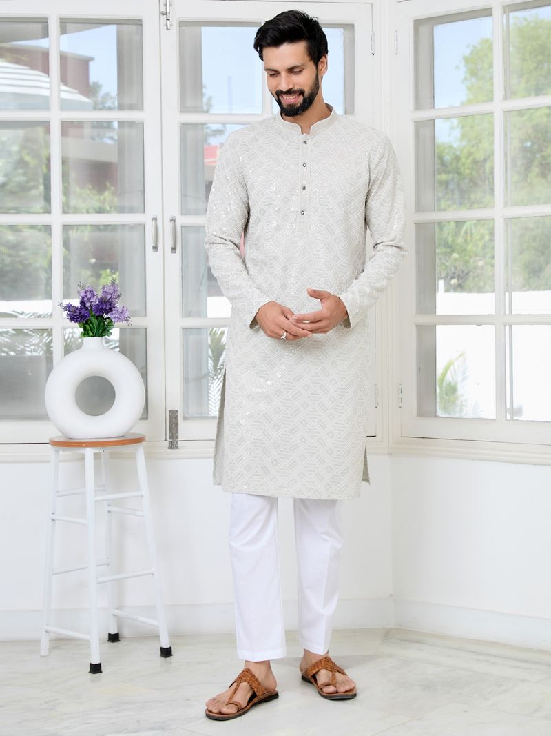 Grey Geometric Sequins Embroidered Thread Work Straight Kurta