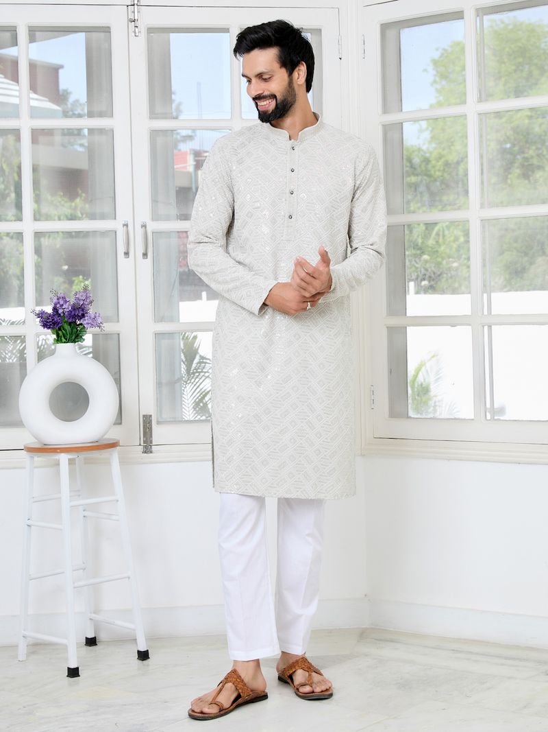 Grey Geometric Sequins Embroidered Thread Work Straight Kurta