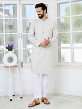 Grey Geometric Sequins Embroidered Thread Work Straight Kurta