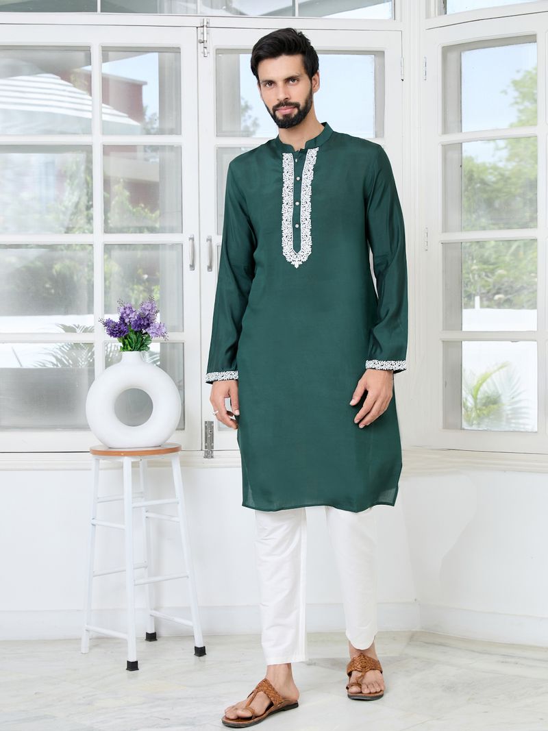 Green Floral Embroidered Mandarin Collar Thread Work Straight Kurta