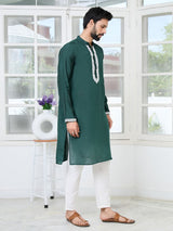 Green Floral Embroidered Mandarin Collar Thread Work Straight Kurta