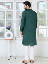 Green Floral Embroidered Mandarin Collar Thread Work Straight Kurta