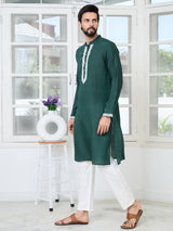 Green Floral Embroidered Mandarin Collar Thread Work Straight Kurta