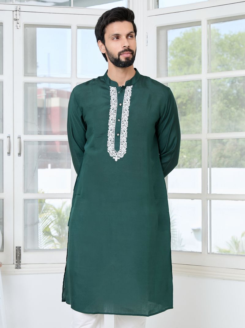 Green Floral Embroidered Mandarin Collar Thread Work Straight Kurta