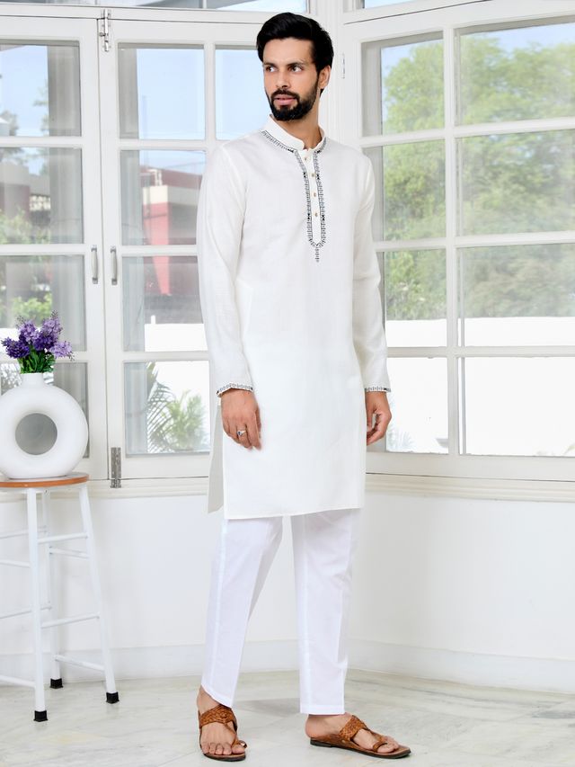 Off-White Chanderi Straight Kurta with Yoke Design