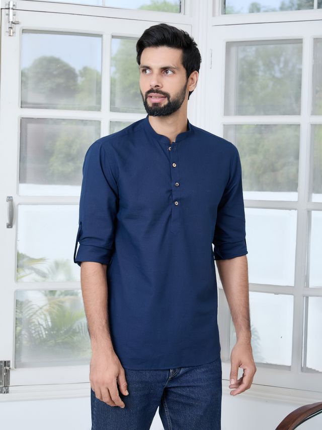 Men Pack Of 2 Navy Blue & Grey Cotton Solid Short Kurta