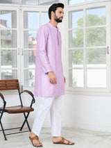 Lavender Embroidered Thread Work Sequin Chanderi Silk Straight Kurta