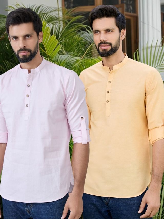 Men Pack Of 2 Pink & Peach Cotton Solid Short Kurta