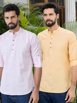 Men Pack Of 2 Pink & Peach Cotton Solid Short Kurta