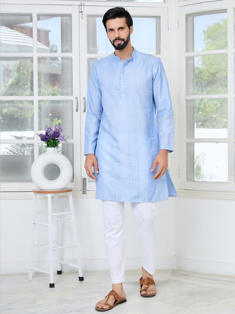 Light Blue Embroidered Thread Work Sequin Chanderi Silk Straight Kurta