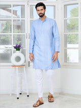 Light Blue Embroidered Thread Work Sequin Chanderi Silk Straight Kurta